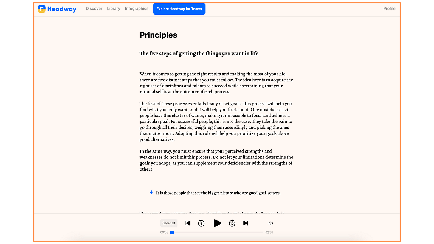 Headway's summary of the book Principles (desktop view)