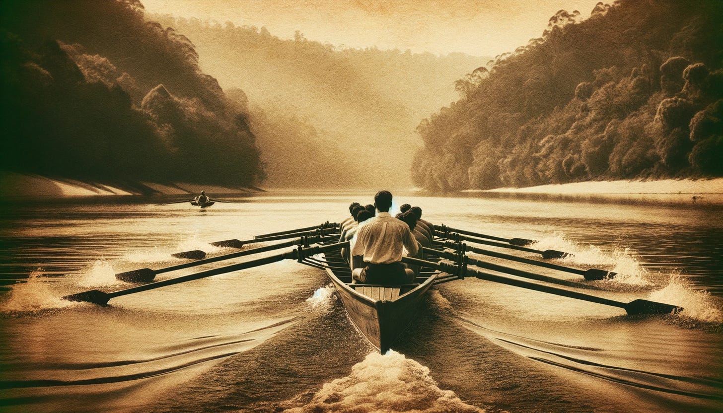 A coxswain steers a boat filled with rowers on a lake.