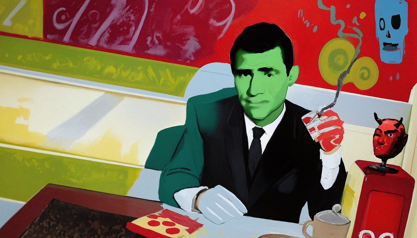 "Imagine If You Will... A New Circle of Hell," a digital image by Johnny Profane Âû. In a diner with a vividly colored, abstract mural background, Rod Serling, a white male with a five-o'clock shadow, is depicted smoking a cigarette. He's dressed in a black suit with a white shirt and black tie. His skin is painted an unnatural green, adding a surreal touch. In front of him on the table is a slice of pizza, a napkin dispenser, and a sugar bowl. On top of the napkin dispenser sits a devil's head bobble toy, adding a quirky element to the scene. The art style is rough and expressive, reminiscent of Basquiat, with bold, chaotic strokes and vibrant colors. The background transitions from dark to light, highlighting Serling's figure in the center. This image captures the surreal and chaotic nature of navigating social pressures and forced interactions, reflective of the themes in the accompanying text about the challenges of maintaining authenticity, dealing with sensory overload, and facing manipulative dynamics in professional settings. Digital tools included AI.