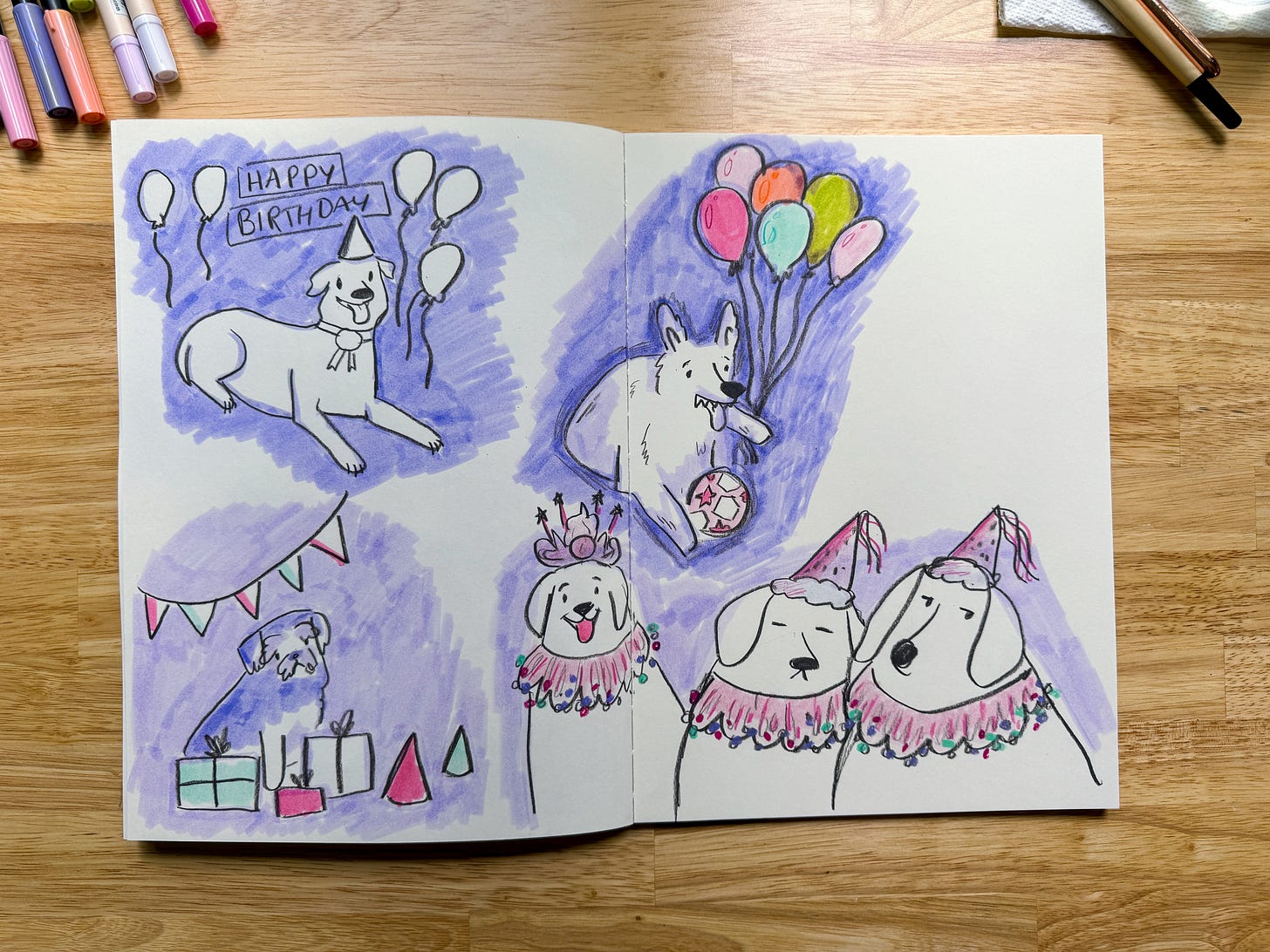 sketchbook spread of various dogs celebrating birthdays