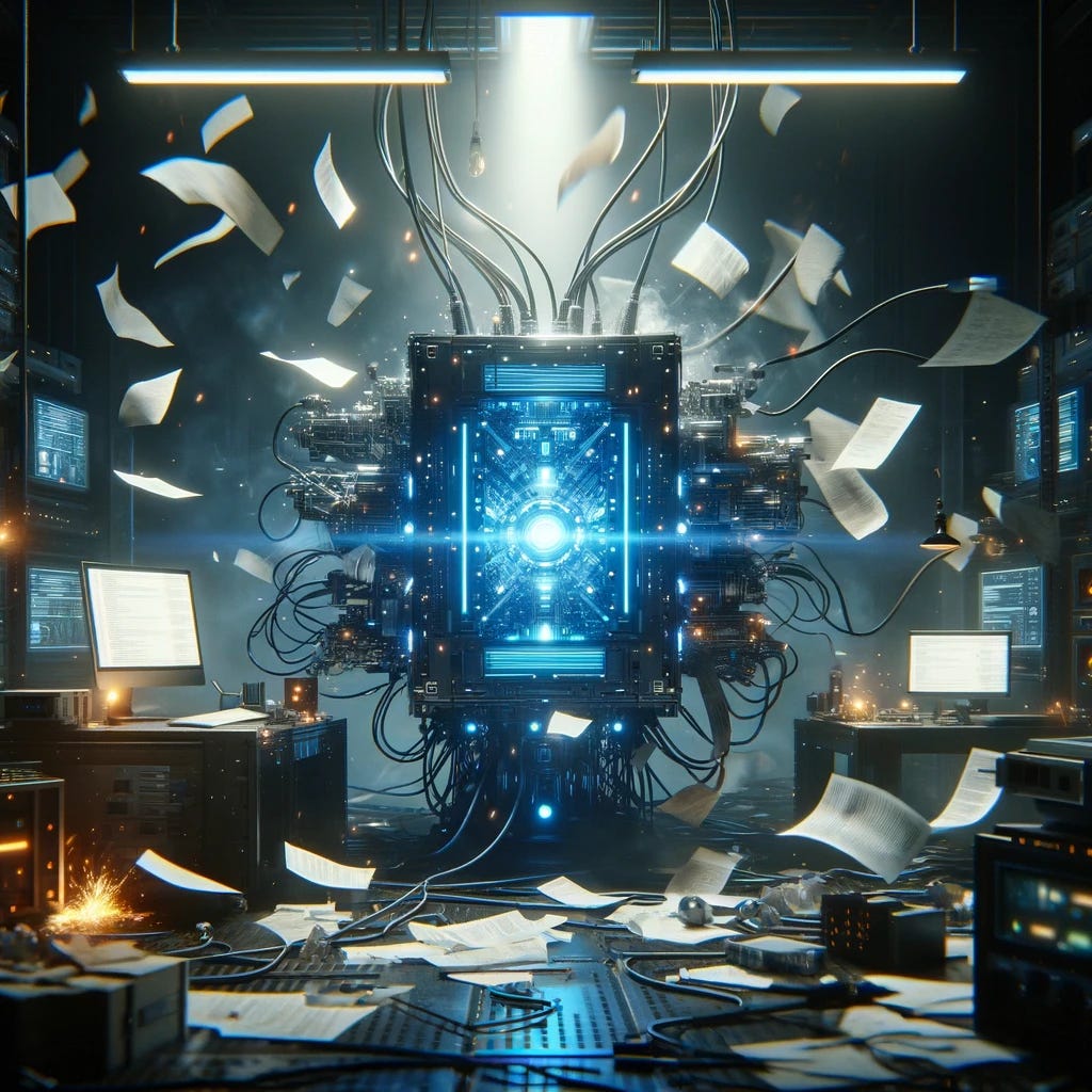 A scene of chaos surrounding an AI machine. The machine is a large, futuristic metallic structure with glowing blue lights and cables in the center of the room. Around it, papers are flying, computer screens are showing error messages, and sparks are flying from overloaded circuits. The lighting is dim, with dramatic shadows and the blue glow from the machine illuminating the scene. The room looks like a high-tech laboratory, with various technological gadgets and tools scattered in disarray.