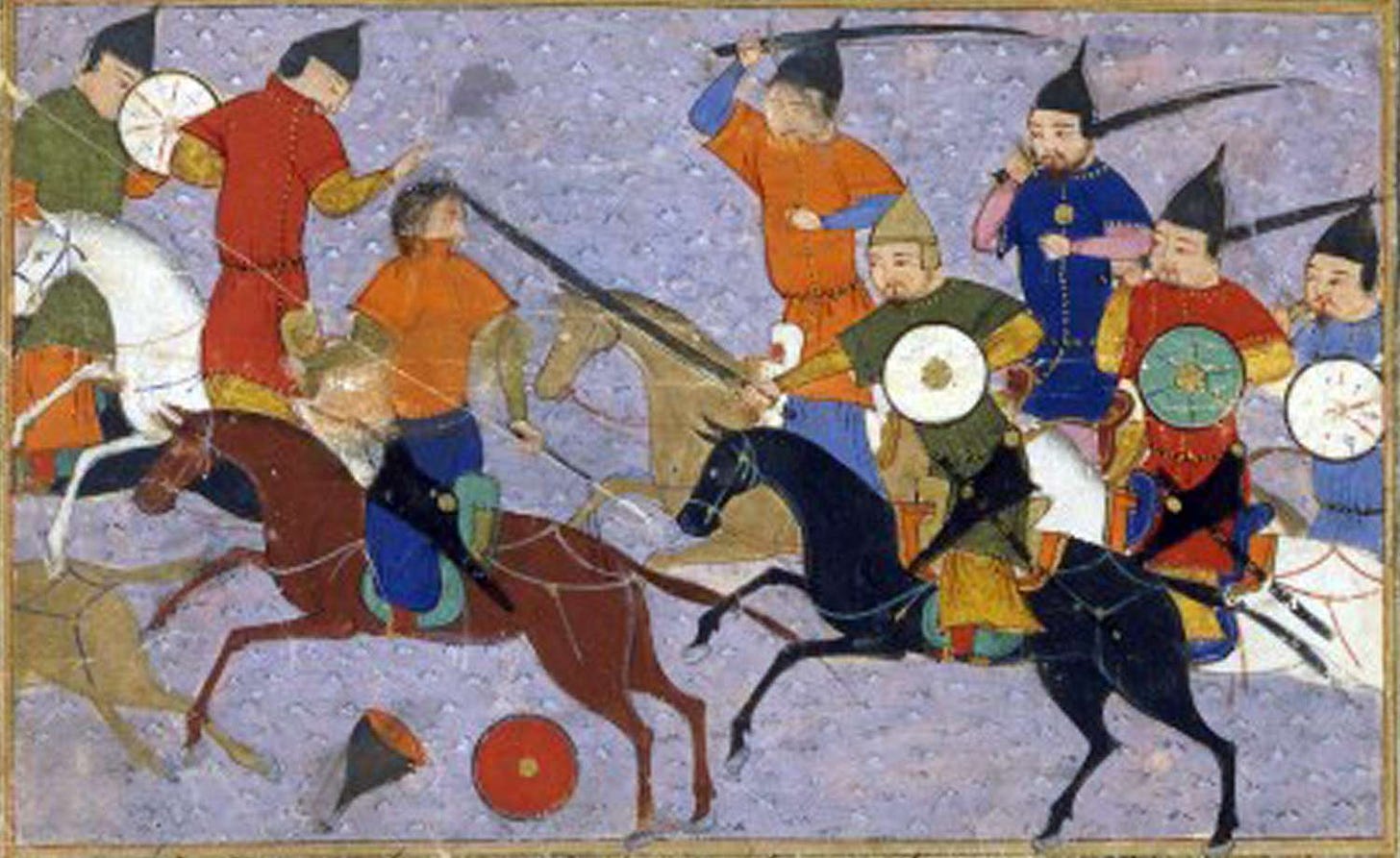 A battle between the Mongol nomads and the settled people of China, as depicted in artwork.