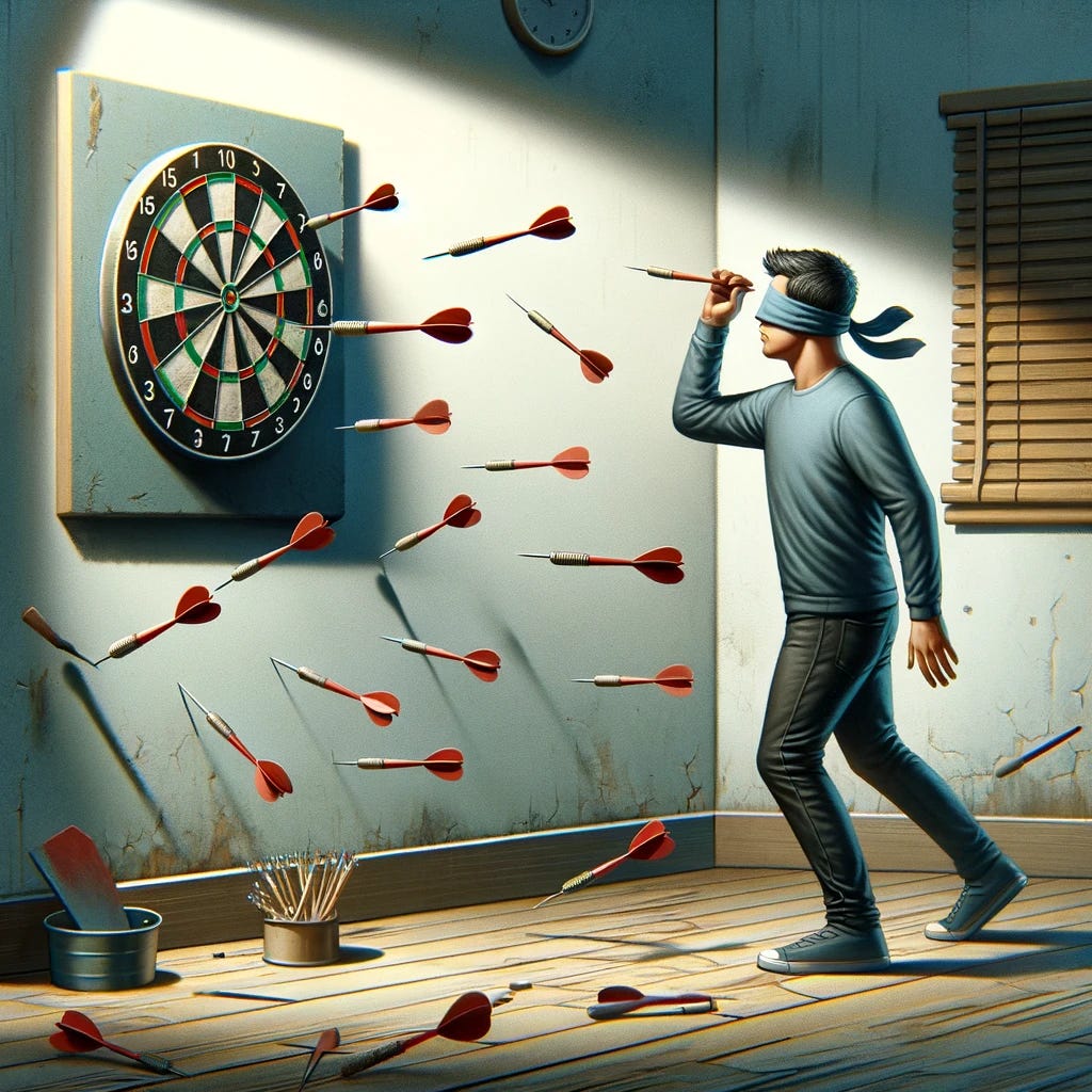 Visualize a person blindfolded, disoriented, and attempting to throw darts at a dartboard but missing. The darts are scattered on the wall around the dartboard, symbolizing a lack of precision and accuracy. The person, appearing unsure and clumsy, is in the act of throwing a dart, capturing the feeling of uncertainty and unpredictability in hitting the target. The setting is a casual room, emphasizing the metaphor of taking a chance with low odds of success.