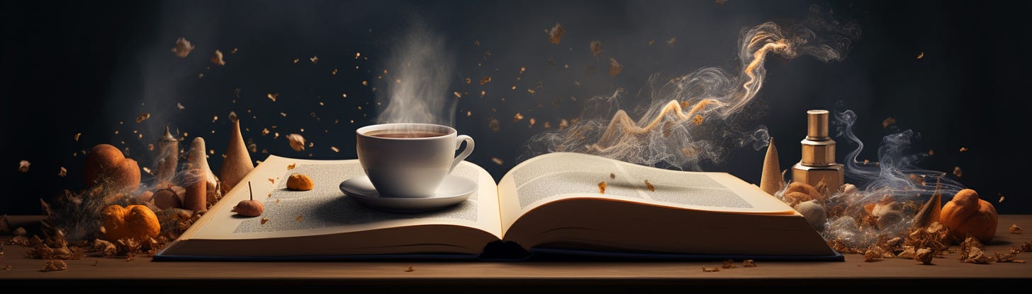 Coffee steaming on an open book