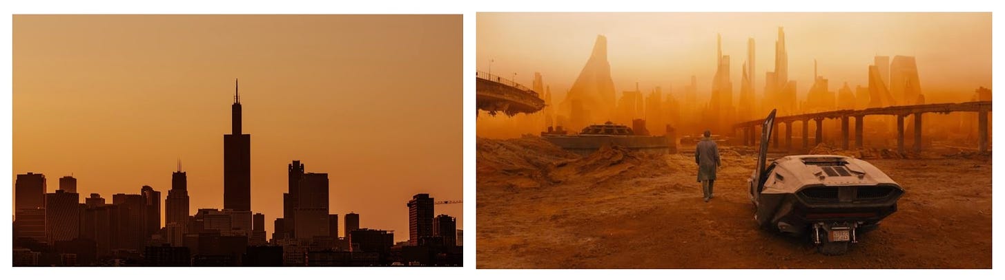 Image of smokey Chicago and a still from Blade Runner 2049