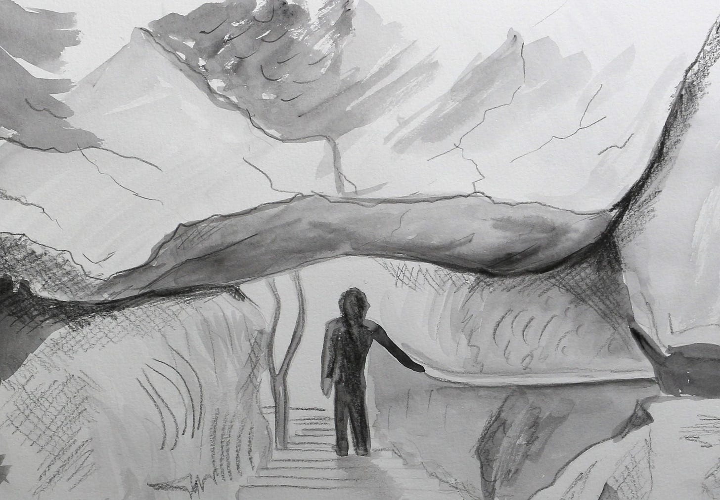 The Hanging Rock, sketch in pencil and watercolour by Alia Parker, Mind Flexing.