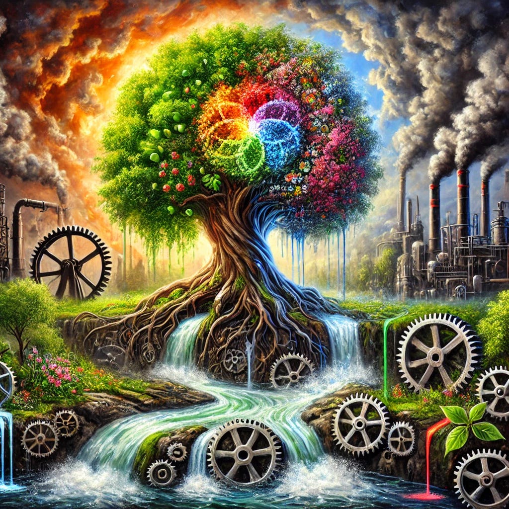 A metaphorical oil painting depicting a vibrant Tree of Life, lush with green leaves and colorful flowers, representing natural healing and vitality. The tree is entangled by dark industrial gears and pipelines, symbolizing the constraints of industrialized medicine. Below the tree, streams of water flow, appearing darkened and polluted, representing pharmaceutical residues. The background features an overcast sky with dramatic clouds, with a glimmer of sunlight breaking through, symbolizing hope and the innate healing power of nature. Painted in rich, bold colors and expressive brushstrokes.