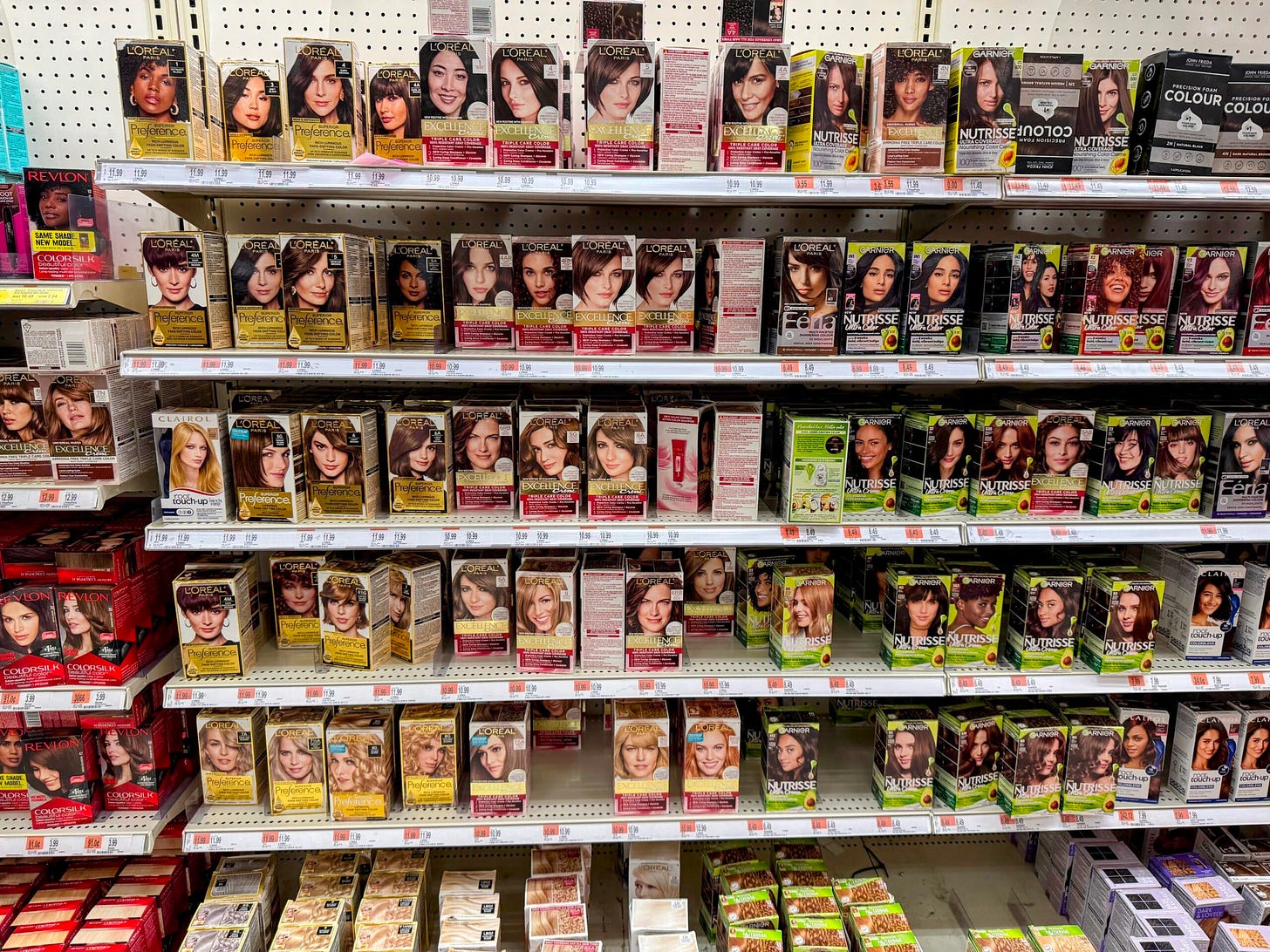 Large shelf of hair color