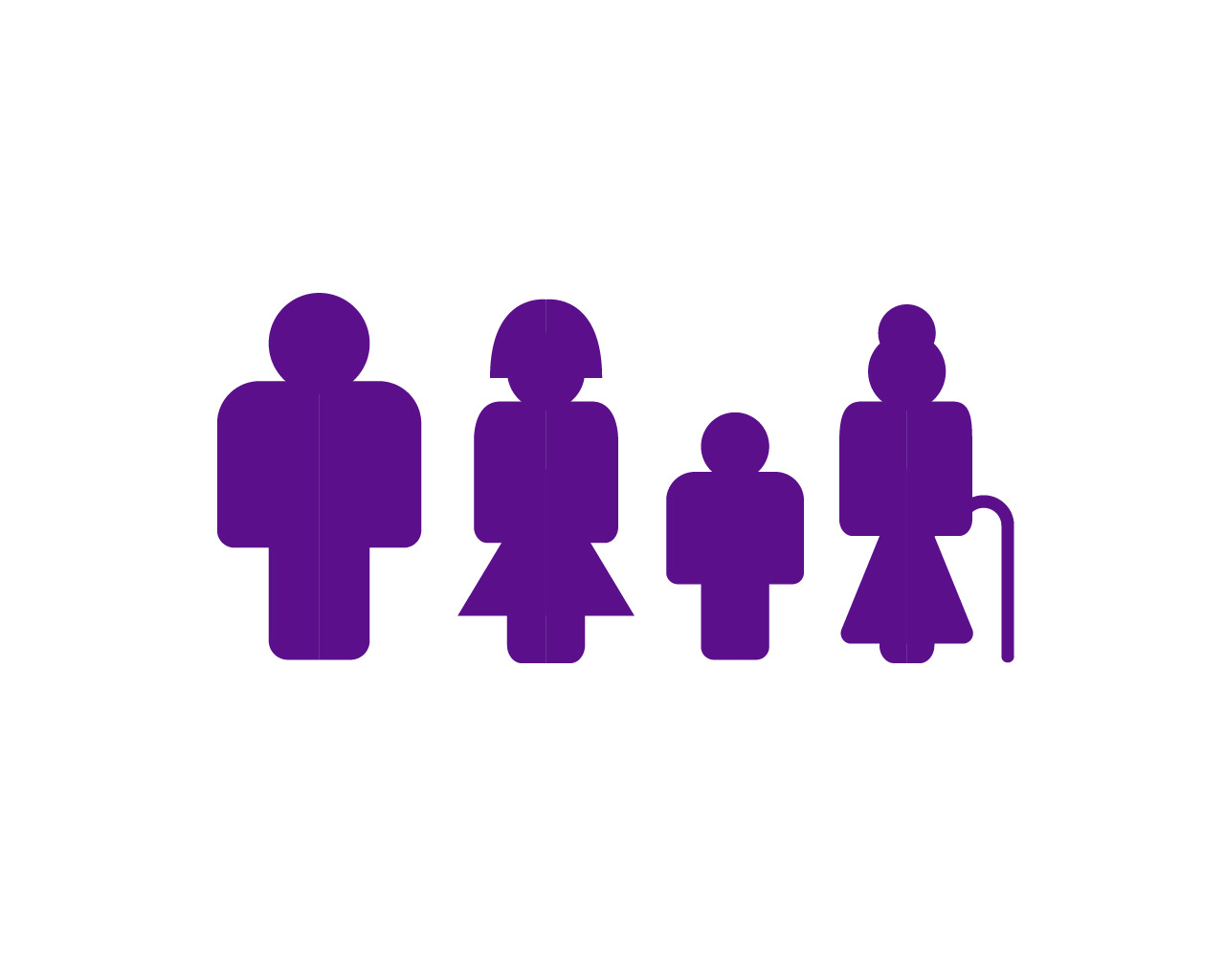 A collection of four generic stick figures representing an adult man, adult woman, male child, and elderly woman.