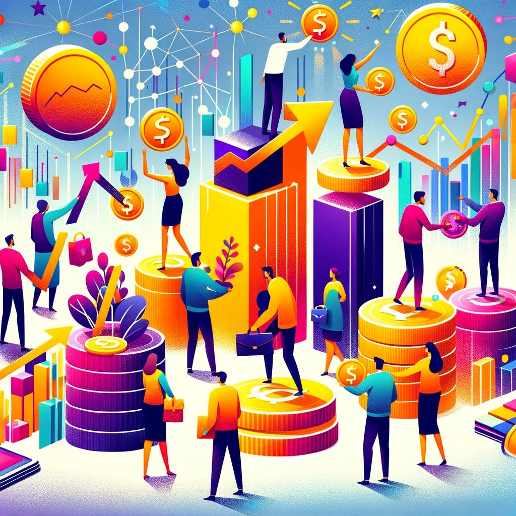 Create a vibrant and modern digital artwork illustrating the concept of financial inclusion and growth. The image should showcase diverse people of different ages and genders coming together, exchanging colorful coins and banknotes that represent investments and loans. These characters should be in a bustling, dynamic marketplace setting, filled with various fintech symbols like smartphones, digital displays, and graphs showing upward trends. Ensure the atmosphere is cheerful, with bright colors and light beams signifying hope and progress. The style should be contemporary, with a hint of abstract elements to give it a modern edge.