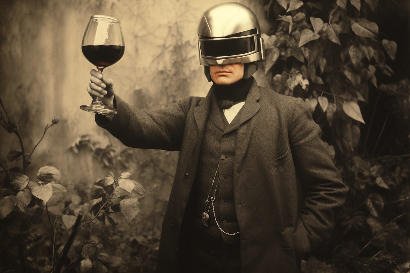 Victorian Robocop holding a glass of wine