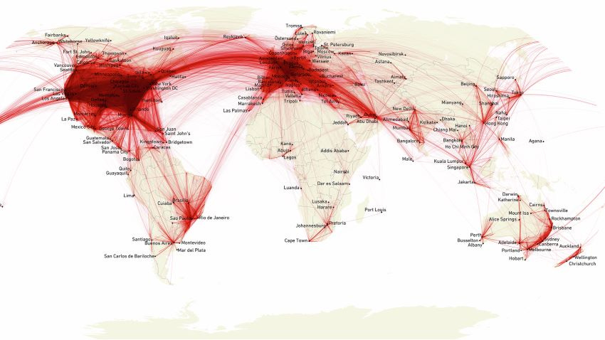 World map showing lines across earth, lines are thickest in usa and europe