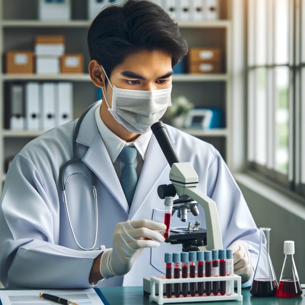 a medical researcher analyzing blood samples under a microscope in a laboratory, focused and wearing a lab coat, ethnicity Asian, gender male