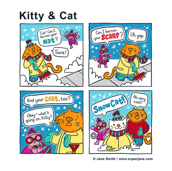 A gray small cat in pink coat and eyeglasses runs up to an orange cat standing in the snow. She asks to borrow their hat, gloves and scarf. The orange cat finally asks what is going on. Kitty the gray cat shows them the snowman she has built wearing all their warm accessories.