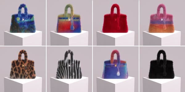Eight separate images of digital art based on the Birkin handbag. Many are colorful, while some feature zebra or leopard prints.