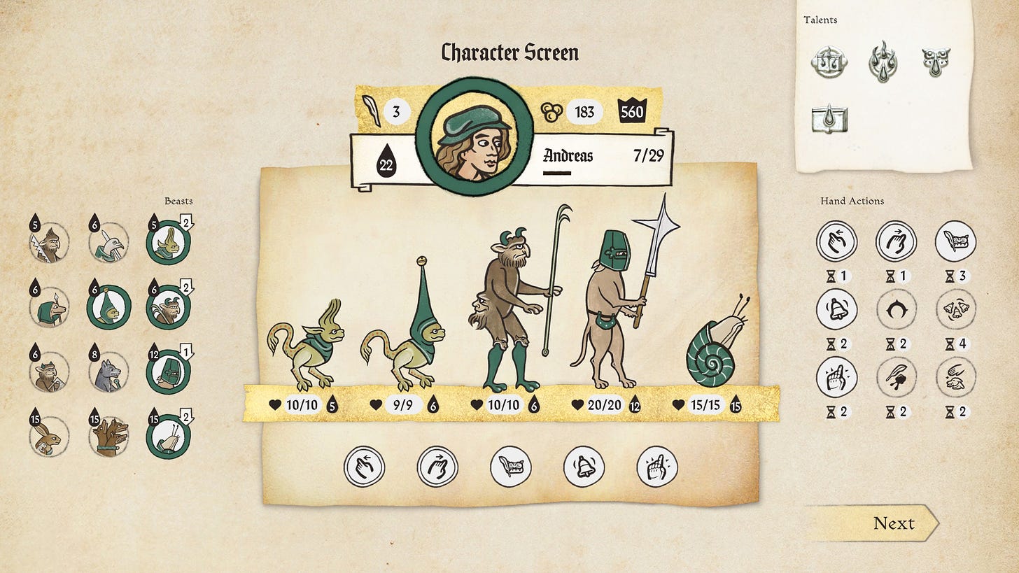A screenshot of the game Inkulinati, showing the Character Screen with Andreas from Pentiment and an assortment of Beasts and Hand Actions.