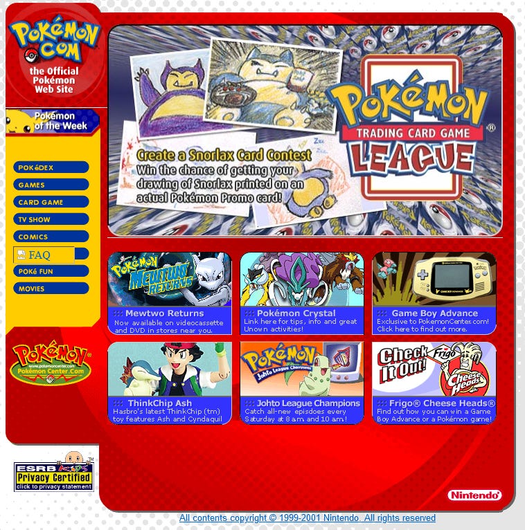 A screenshot from Pokémon's official website in June 2002, advertising the Create-a-Snorlax Pokémon Card Contest