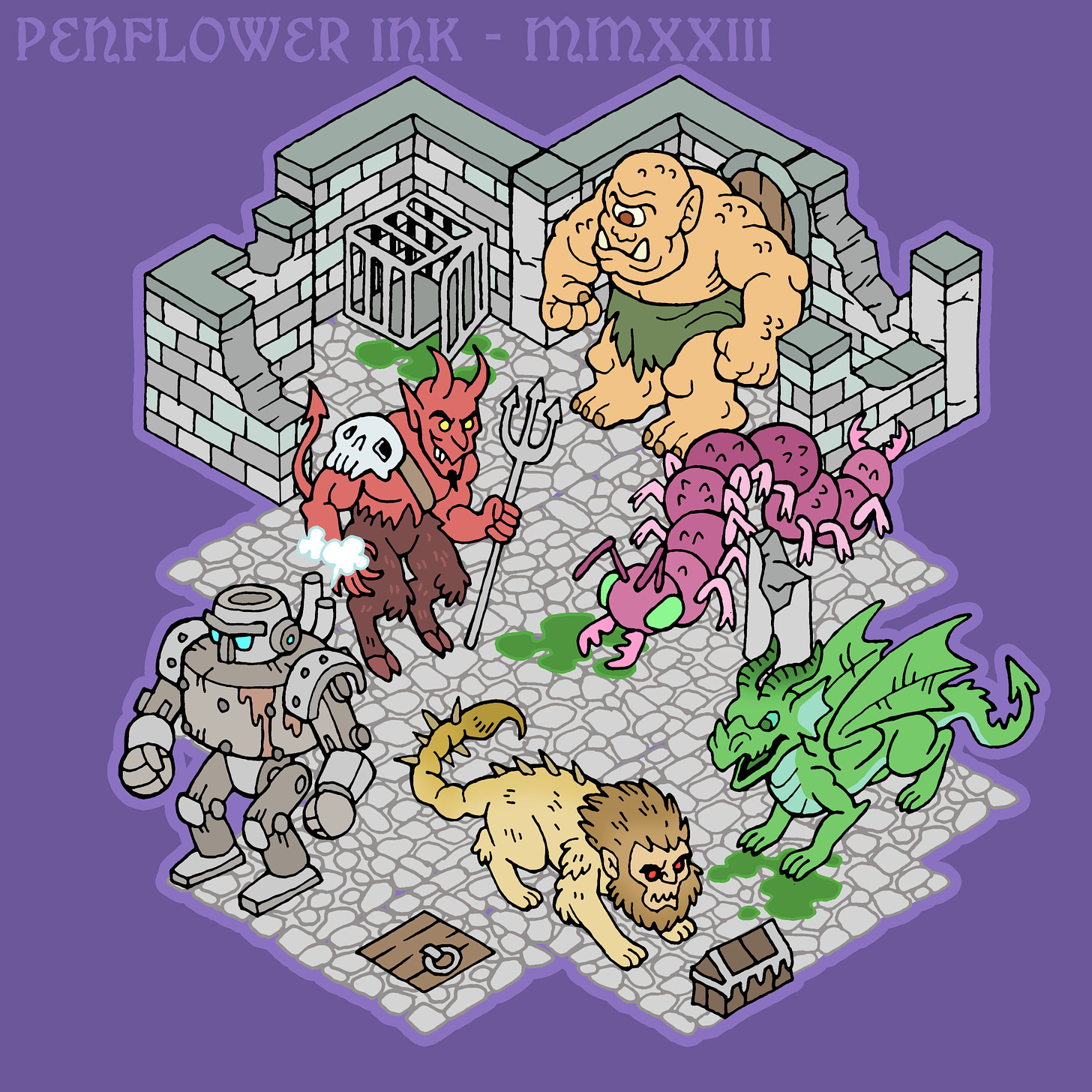 Composite image made using the various modular dungeon art assets. A large dungeon contains a hulking cyclops, a grinning devil, a giant centipede, a snarling green dragon, a rusty metal construct and a skulking manticore.