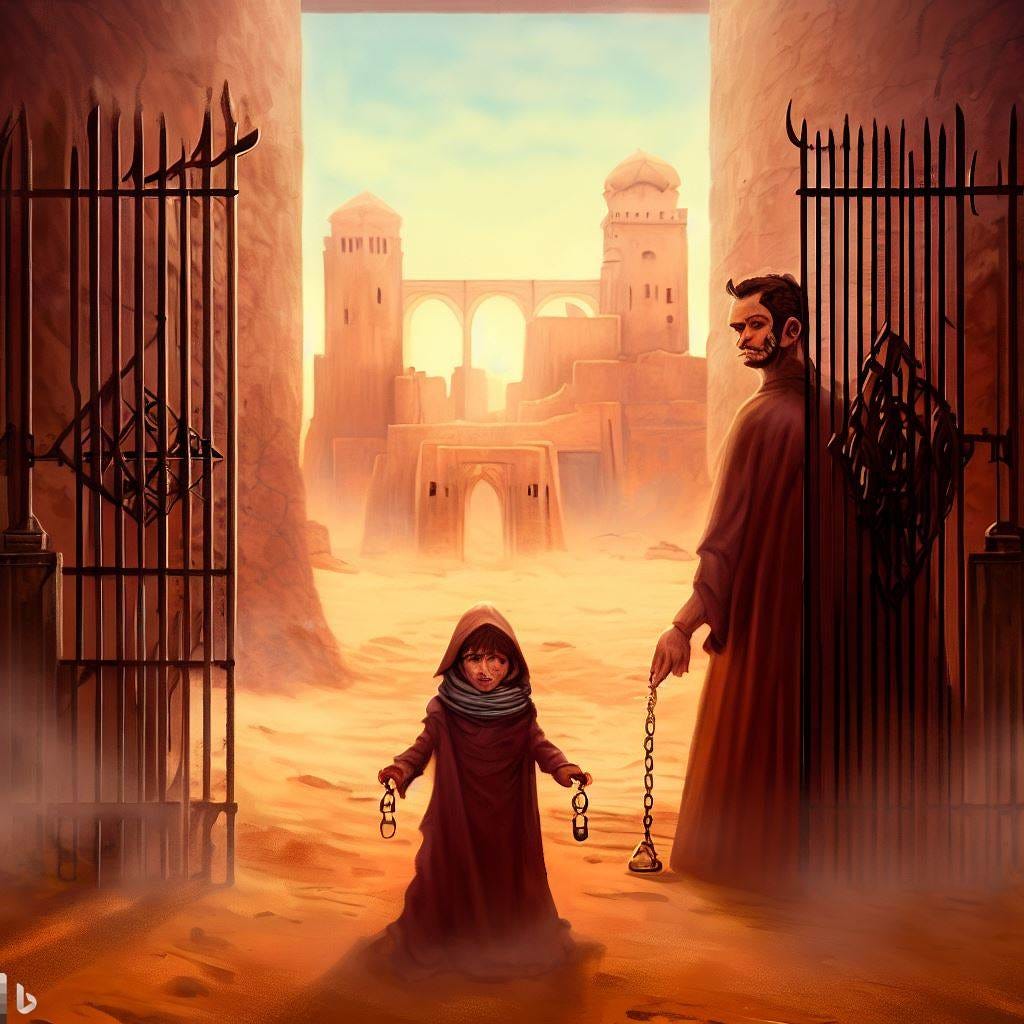 judge in medieval city, prisoner child in chains, gates opening to desert wasteland, fantasy art