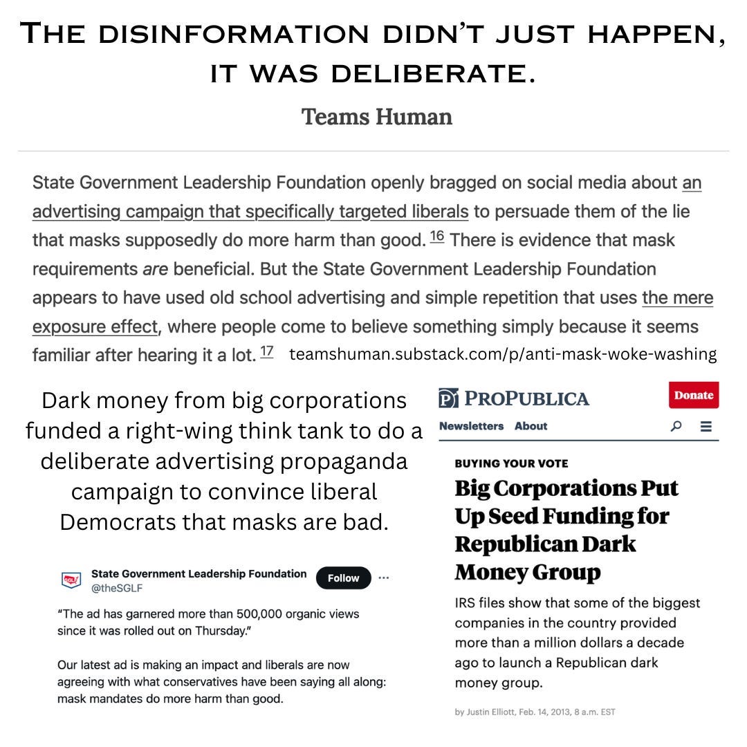 The disinformation didn’t just happen, it was deliberate. Teams Human. State Government Leadership Foundation openly bragged on social media about an advertising campaign that specifically targeted liberals to persuade them of the lie that masks supposedly do more harm than good. footnote 16 There is evidence that mask requirements are beneficial. But the State Government Leadership Foundation appears to have used old school advertising and simple repetition that uses the mere exposure effect, where people come to believe something simply because it seems familiar after hearing it a lot. footnote 17  teamshuman.substack.com/p/anti-mask-woke-washing Dark money from big corporations funded a right-wing think tank to do a deliberate advertising propaganda campaign to convince liberal Democrats that masks are bad. ProPublica headline: Buying Your Vote Big Corporations Put Up Seed Funding for Republican Dark Money Group IRS files show that some of the biggest companies in the country provided more than a million dollars a decade ago to launch a Republican dark money group. by Justin Elliott Feb. 14, 2013. Tweet from State Government Leadership Foundation brags about an anti-mask advertising campaign targeting liberals. 