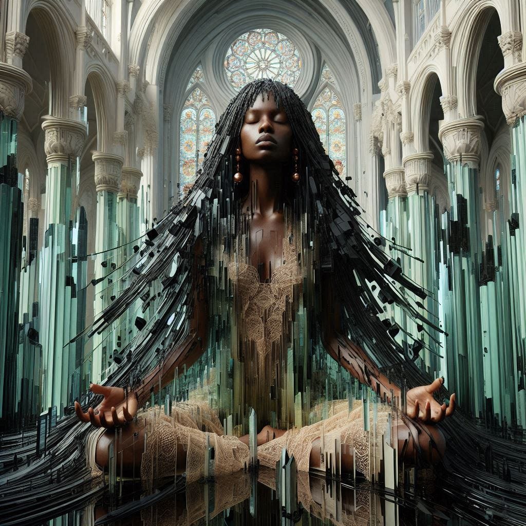 inside glass structure; tiltshift/ 5d angle glass embedded Altgeld hall building/ Broken into fragments/ pieces/ Malian woman, serene/ meditation/ in front of Altgeld hall in olive,ivory, chartrues, lace made of black water in resin/long black hair falling into her face. coral orange, pink, cream, olive address/earrings made of moons aglow/ reverberating waves. black hole/ water in resin verdigris/ In the style of Michael Parkes. black etching/ black linework/ black sky