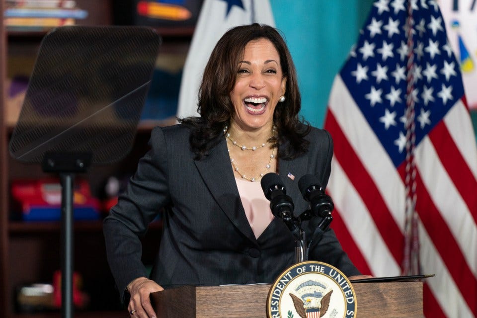 Kamala Harris has been mocked as a 'cackling pantsuit' by a host who says the Vice President's handling of border crisis is a 'gift' to Republicans