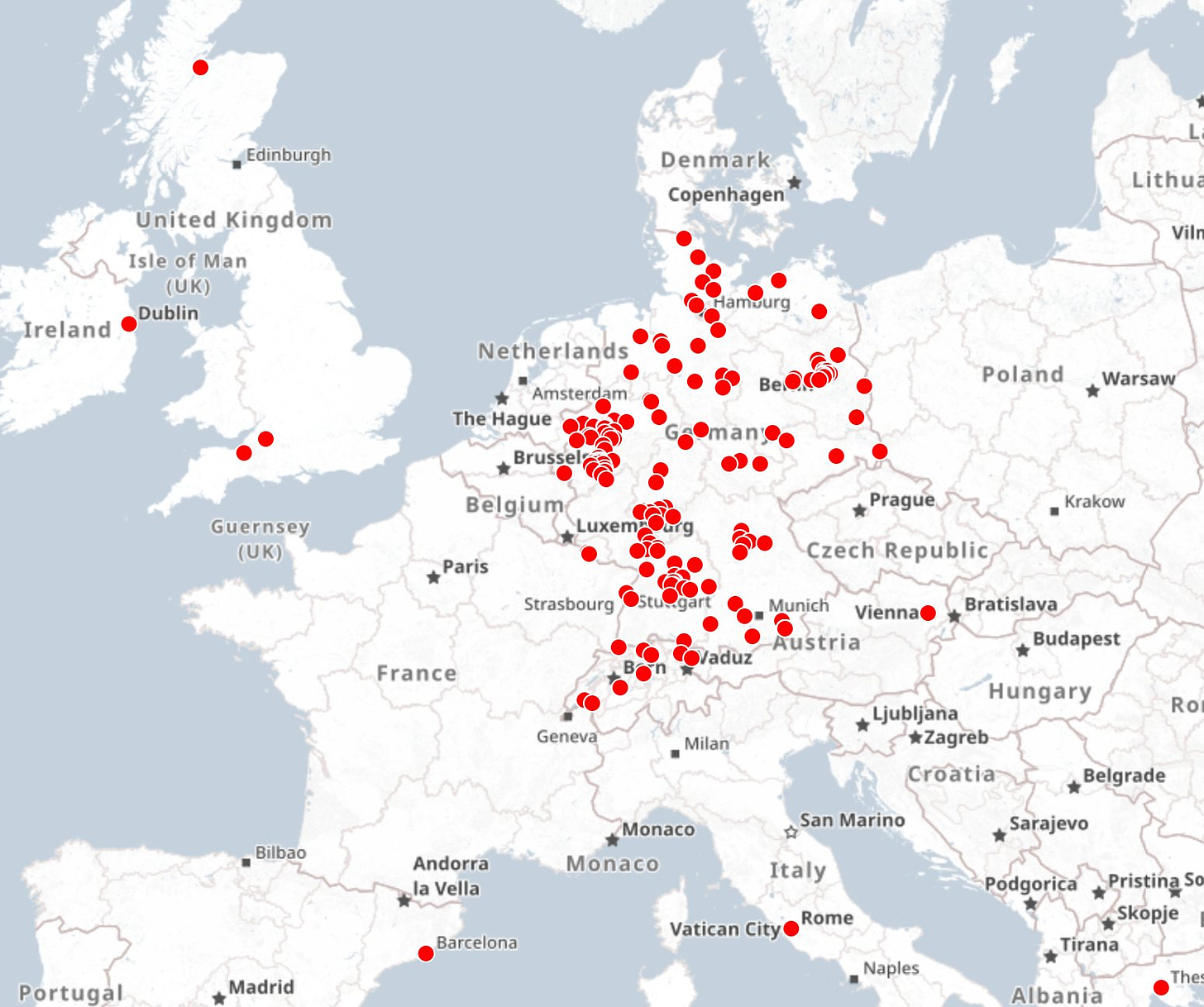 Carte d'Europe pointant toutes les Kidical Mass