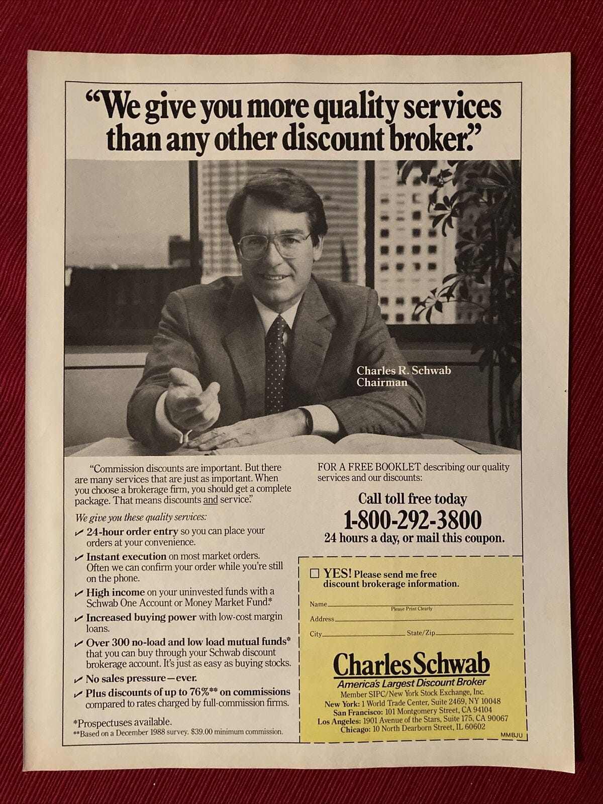 Charles R. Schwab, Chairman Discount Brokerage Promo 1989 Print Ad | eBay