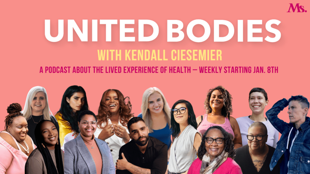 A promo image with a salmon-colored background, text, and headshots that have been edited together to resemble a group shot. United Bodies with Kendall Ciesemier. A podcast about the lived experience of health - weekly starting Jan. 8th.