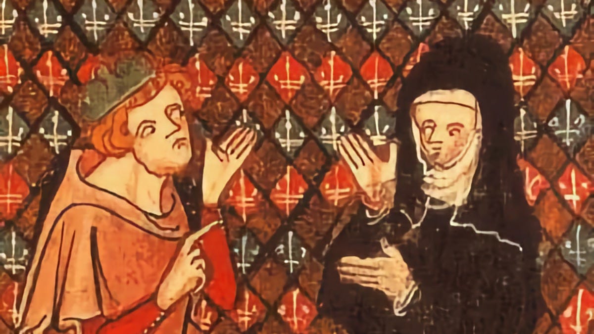 Medieval manuscript illustration showing a man and a woman in conversation, set against a patterned background.