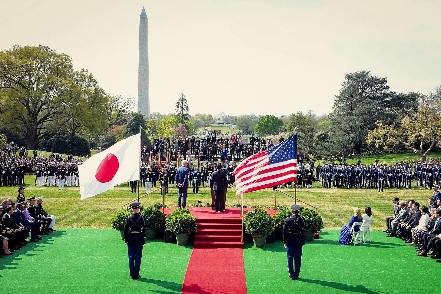 Japanese Prime Minister Fumio Kishida delivers remarks alongside U.S. President Joe Biden at the White House.