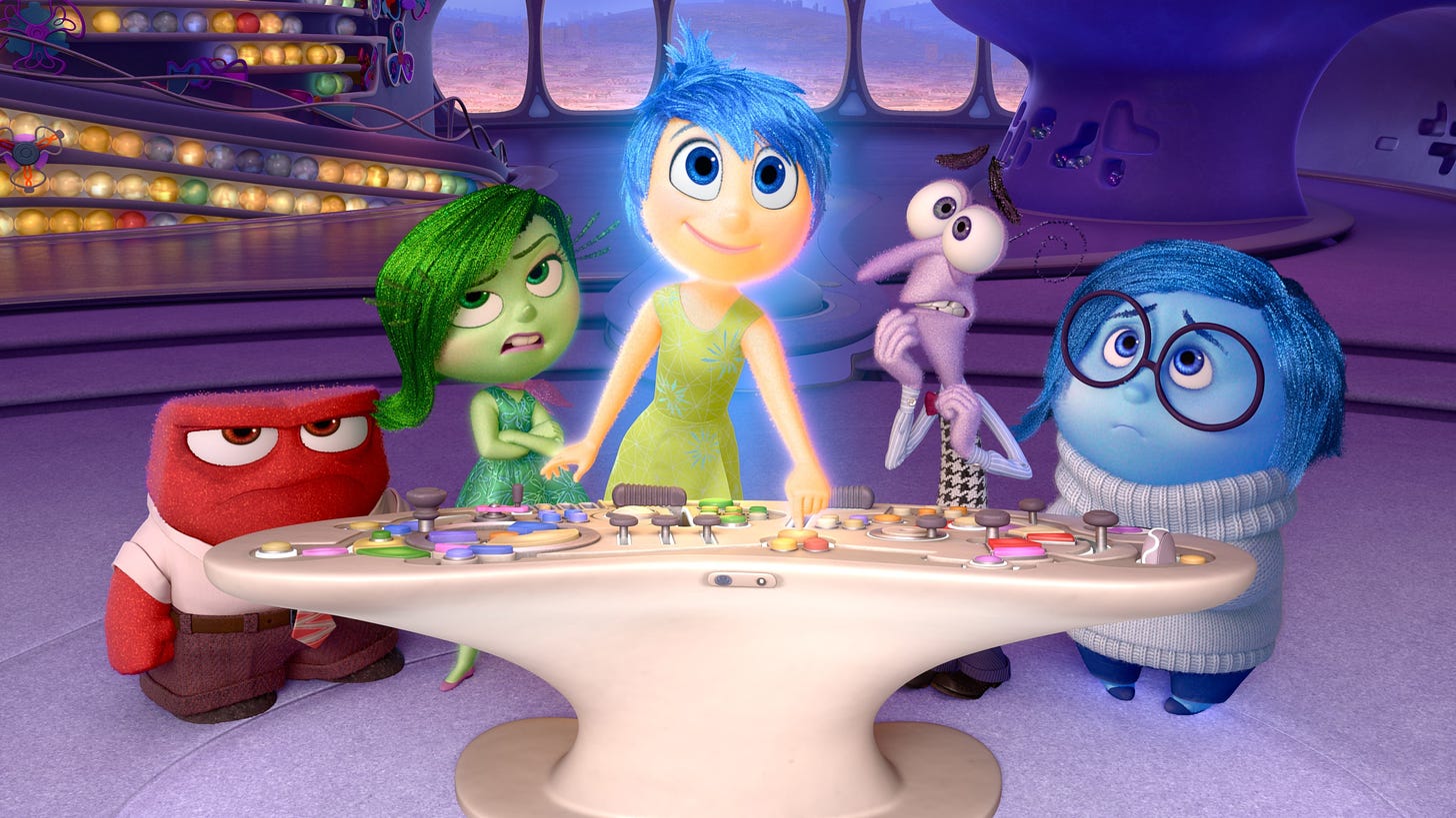 Inside Out | Still features the five core emotions in HQ. From left to right: Anger, Disgust, Joy, Fear, and Sadness.