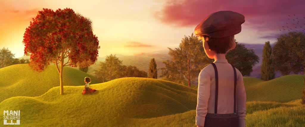 An art piece with a boy lovingly looking at a girl sitting under a tree in a meadow during sunrise.