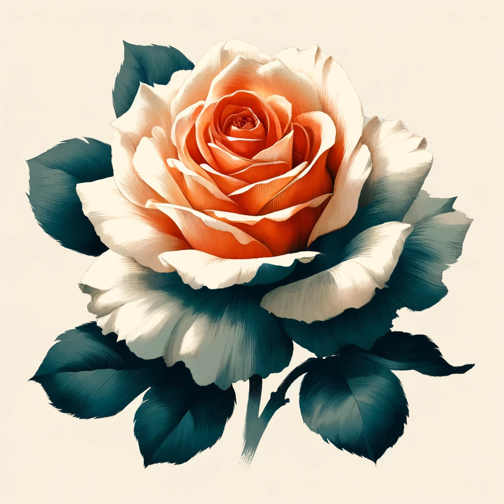 Create an ink wash painting of a rose, using a sophisticated and minimalist style, with the colors #F4F2E7 (soft ivory), #FF730D (vivid orange), and #165752 (deep teal). The rose should be depicted in full bloom, with its petals elegantly rendered in vivid orange, contrasting against a soft ivory background. Subtle shadows and details in deep teal should enhance the texture and depth of the petals, giving the flower a dynamic and lifelike appearance. This artistic representation combines traditional ink wash techniques with a modern color palette, creating a striking and beautiful image of a rose.