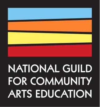 Black background with white text reading National Guild for Community Arts Education and above that are 4 thick lines of blue, orange, yellow and red creating a rectangle