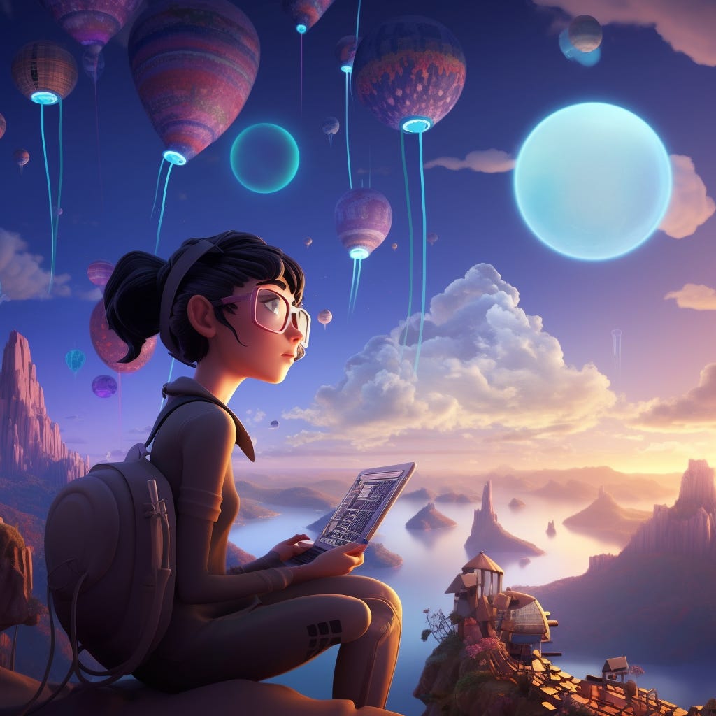 A girl coding and looking into the distance of a beautiful landscape