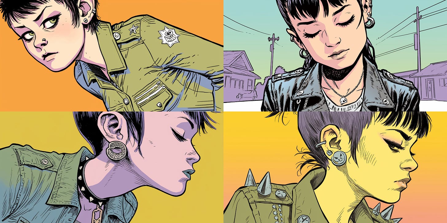 four comic book illustrations of a young woman dressed in punk fashion