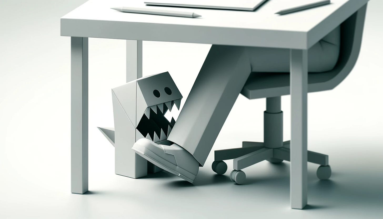 Monochrome image by ChatGPT of an monster created out of a cardboard box chewing on the leg of a parson sitting at a desk also created out of paper.