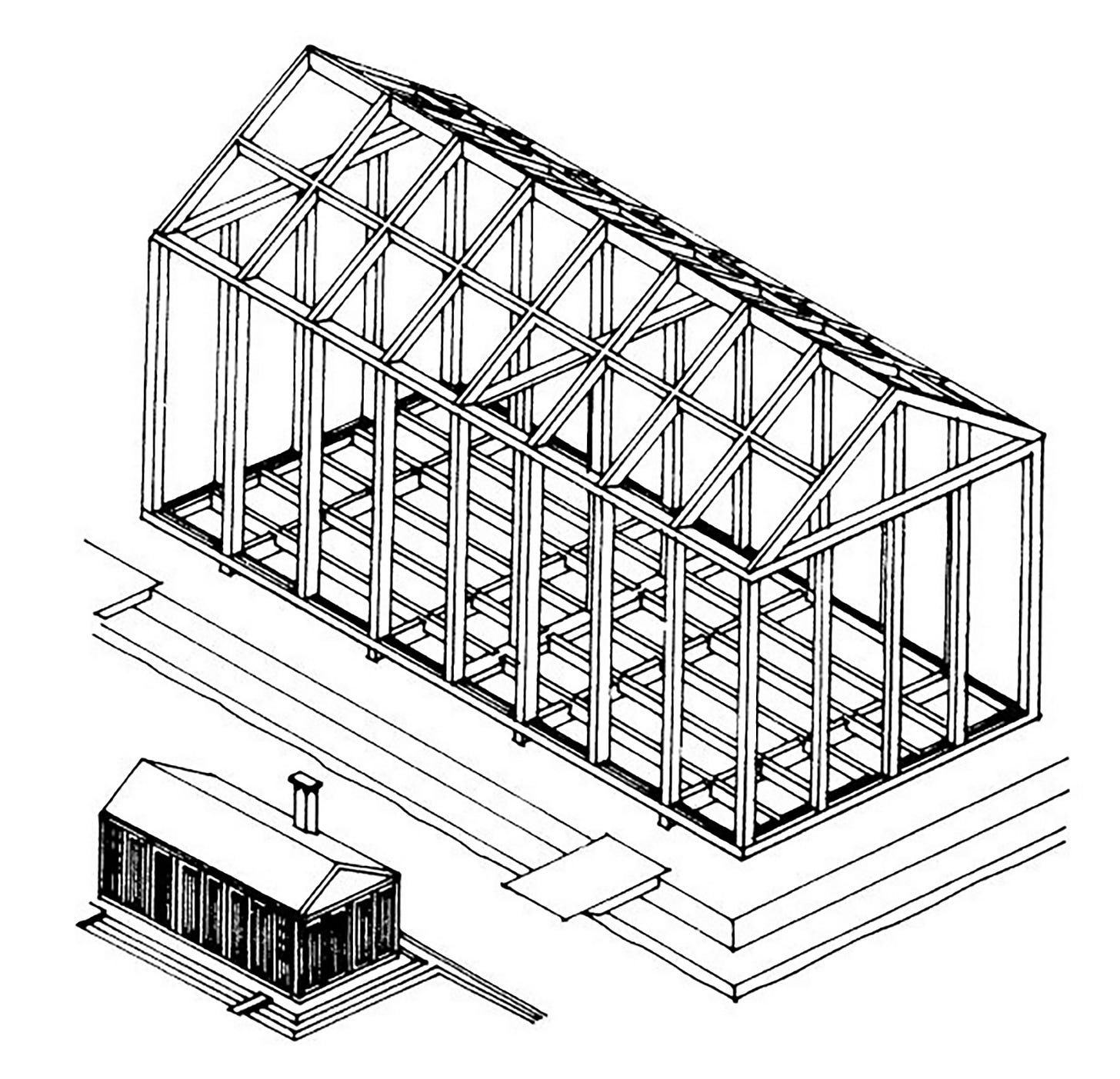 Line drawing of a house under construction, showcasing the frame structure with hints of prefabs used in its design. A smaller, completed prefab house is illustrated below.