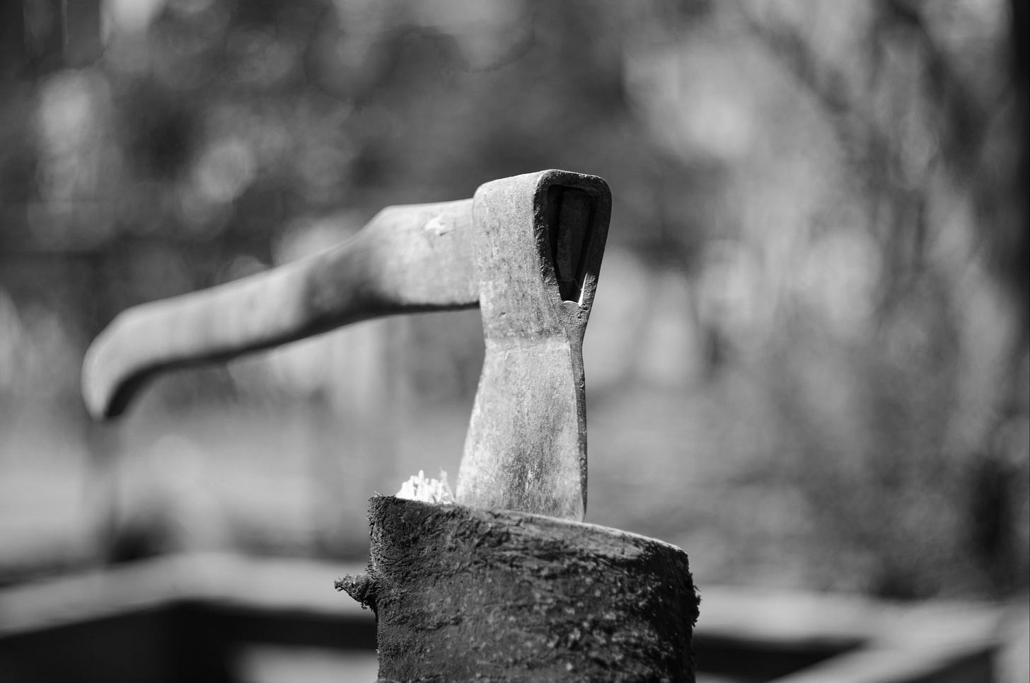 An ax embedded in a block of wood.