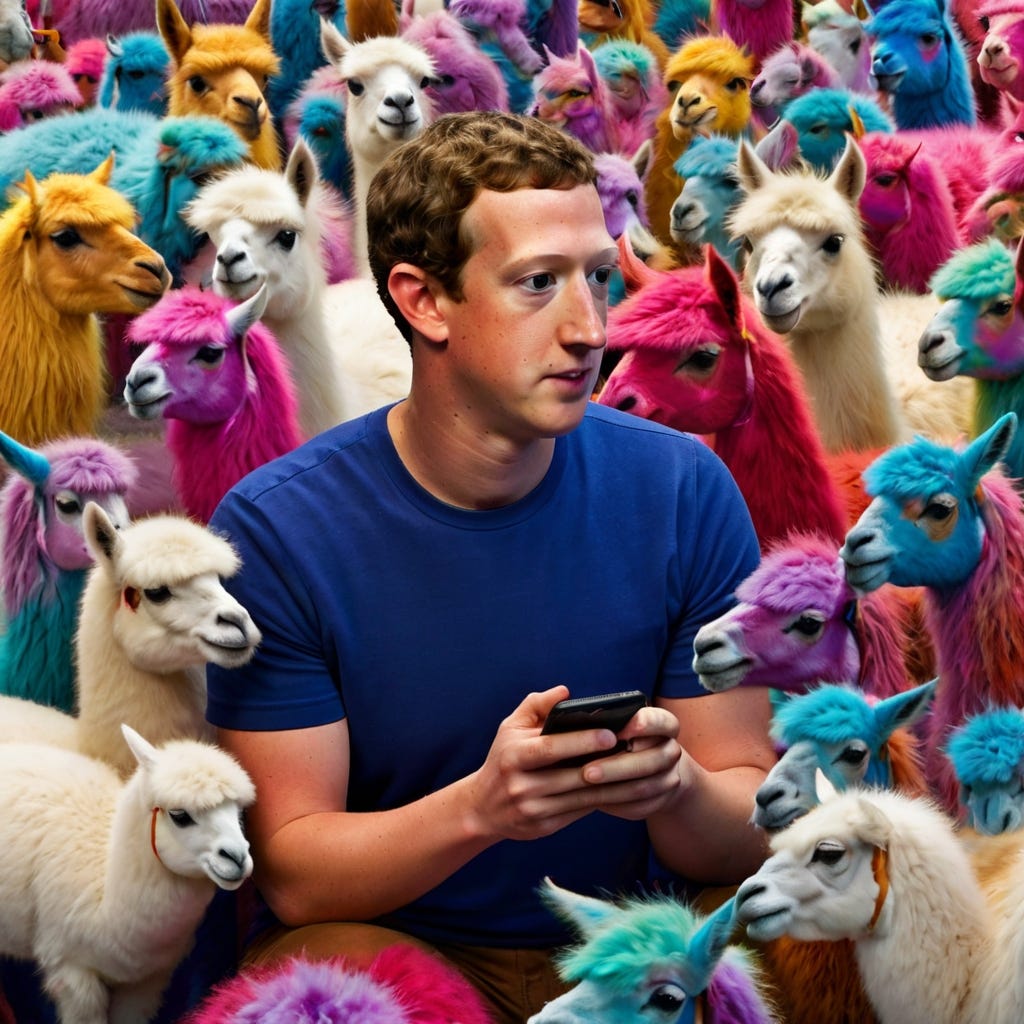 Prompt: Mark Zuckerberg, surrounded by a kaleidoscope of colorful llamas, intently scrolling through his phone.