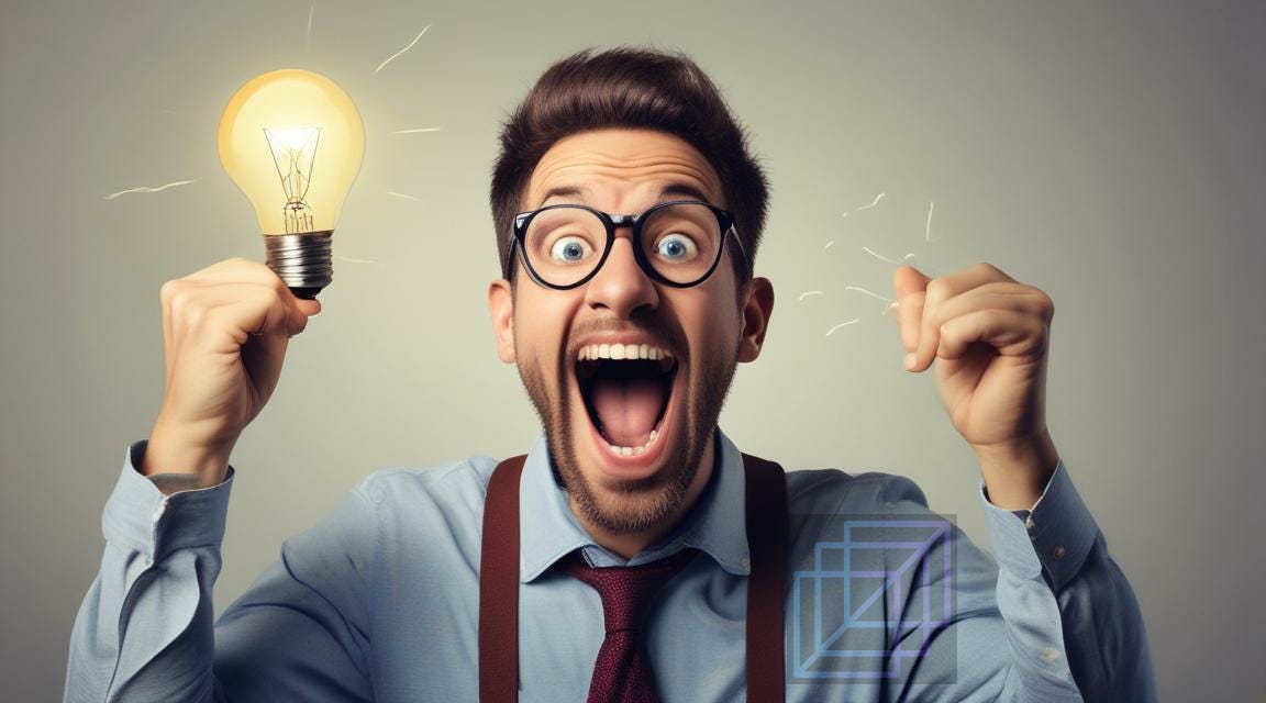 AI Generated image of a man in a blue shirt and red braces, wearing glasses, very excited with a lightbulb above one hand