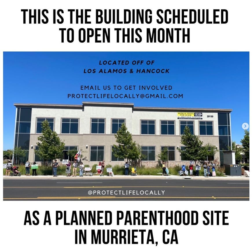The site of the Murrieta Planned Parenthood with pro-life people standing on the sidewalk outside