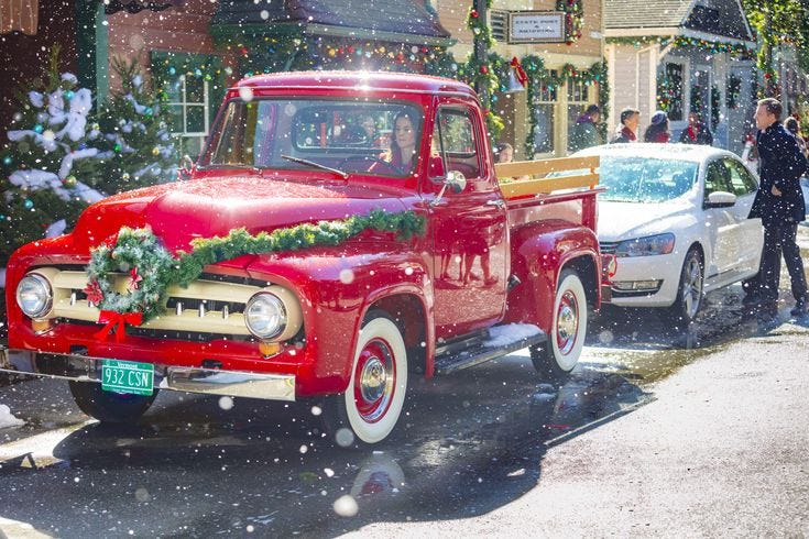 hallmark evergreen truck | Hallmark's 'Christmas in Evergreen': Time, Cast,  & Photos ... | Red truck, Hallmark christmas movies, Vintage red truck
