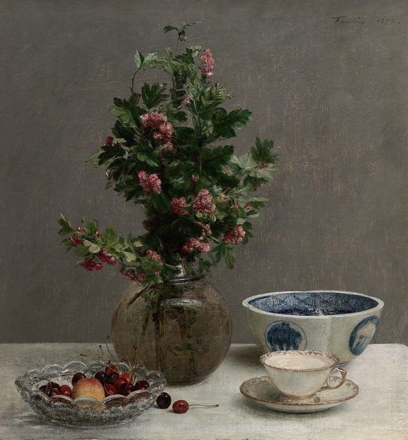 Henri Fantin-Latour - Still Life with Vase of Hawthorn, Bowl of Cherries, Japanese Bowl, and Cup and Saucer Henri Fantin-Latour - Still Life with Vase of Hawthorn, Bowl of Cherries, Japanese Bowl, and Cup and Saucer
