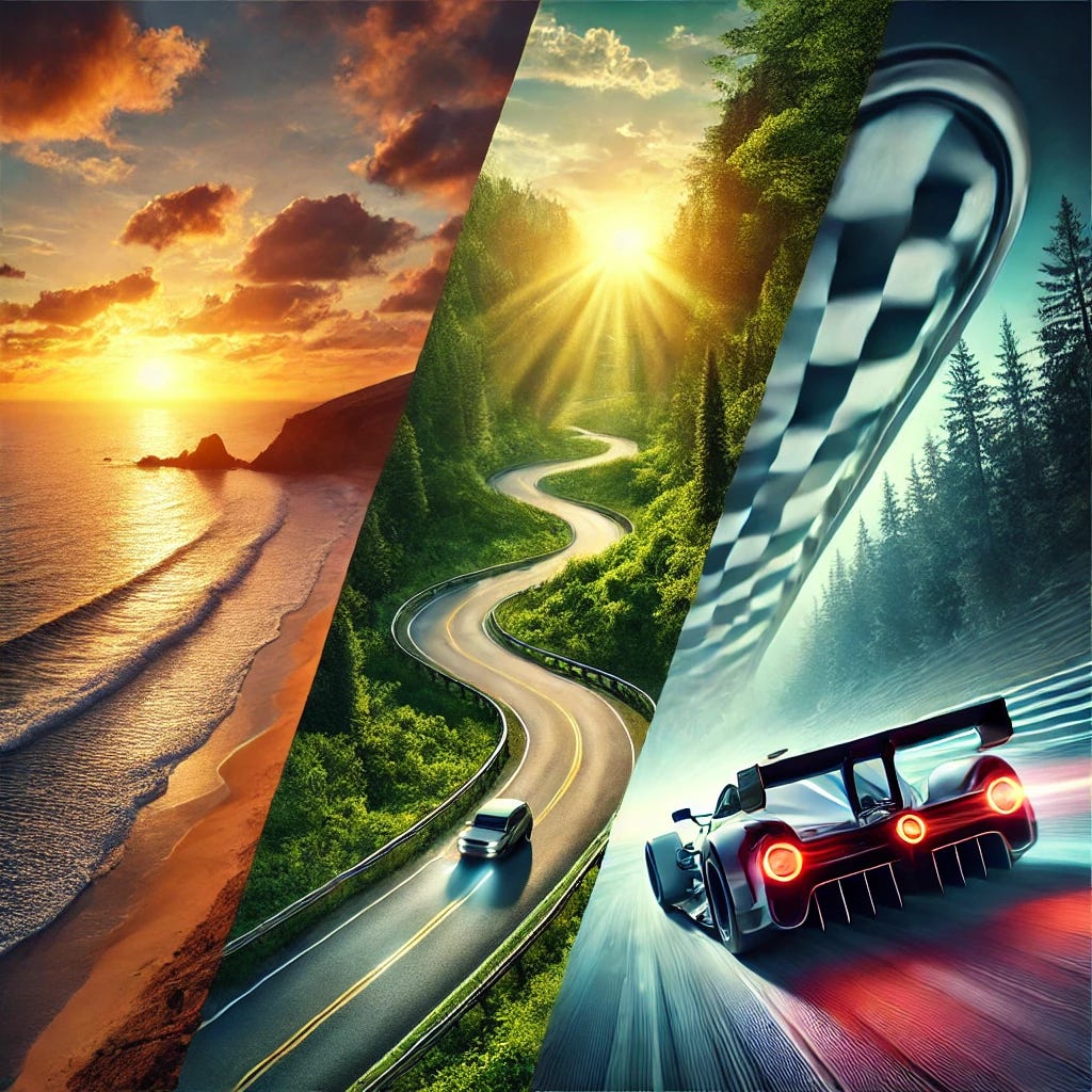 A real-life, visually impactful composition capturing the transition from calm to high velocity. The image starts with a serene, tranquil ocean scene at sunrise, symbolizing calmness, transitions into a smooth road winding through a green forest, representing steady and controlled motion, and culminates in a dramatic image of a racing car speeding on a track, symbolizing high velocity and energy. The composition blends the three stages seamlessly into one cohesive, real-world depiction of progress and impact. High-quality and full-frame design, emphasizing realism and storytelling.