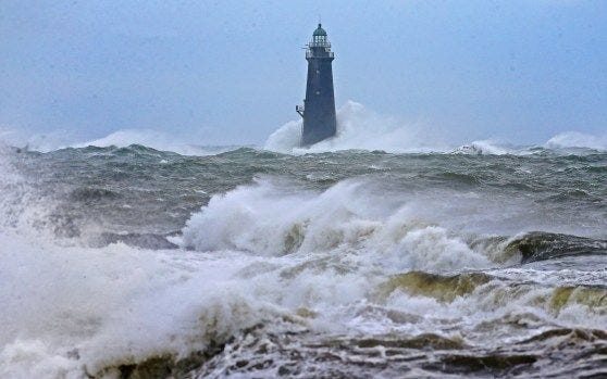 Waves crash around Minot Light in Scituate on Saturday, Sept. 16, 2023, as post-tropical cyclone Lee passes by. (Matt Stone/Boston Herald)
