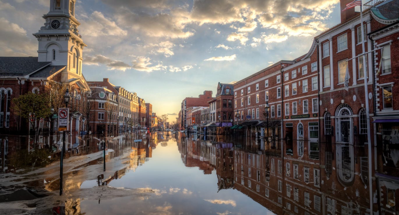 Photo of downtown Portsmouth NH, flooded by AI. 