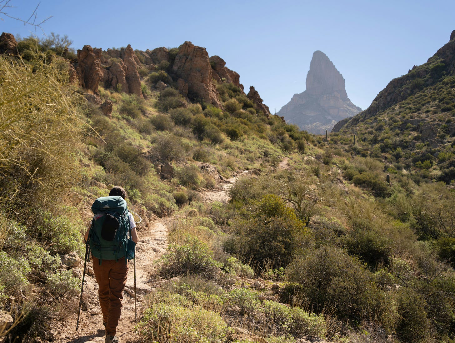 hiker walking a desert path toward a distant peak hiker walking a desert path toward a distant peak