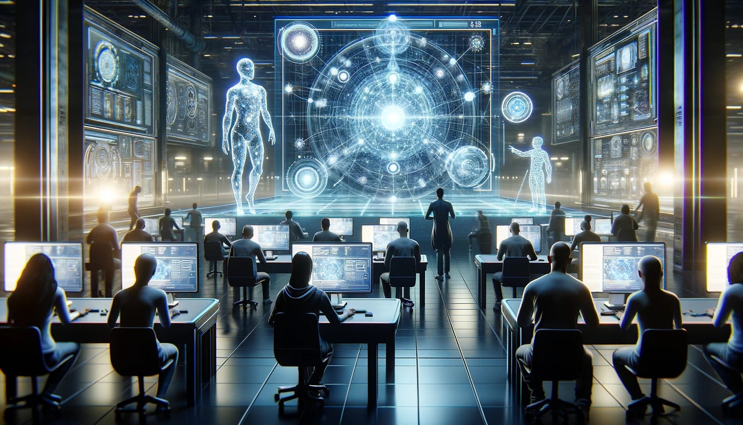 A futuristic scene depicting human evaluators fine-tuning an artificial intelligence language model using reinforcement learning with human feedback. The humans are using trial and error, interacting with a complex, holographic interface in a high-tech lab. The environment is cinematic, filled with advanced technology and glowing screens. The evaluators, a diverse group of men and women of various descents, are focused and engaged in their work, analyzing data and providing feedback to the AI system.